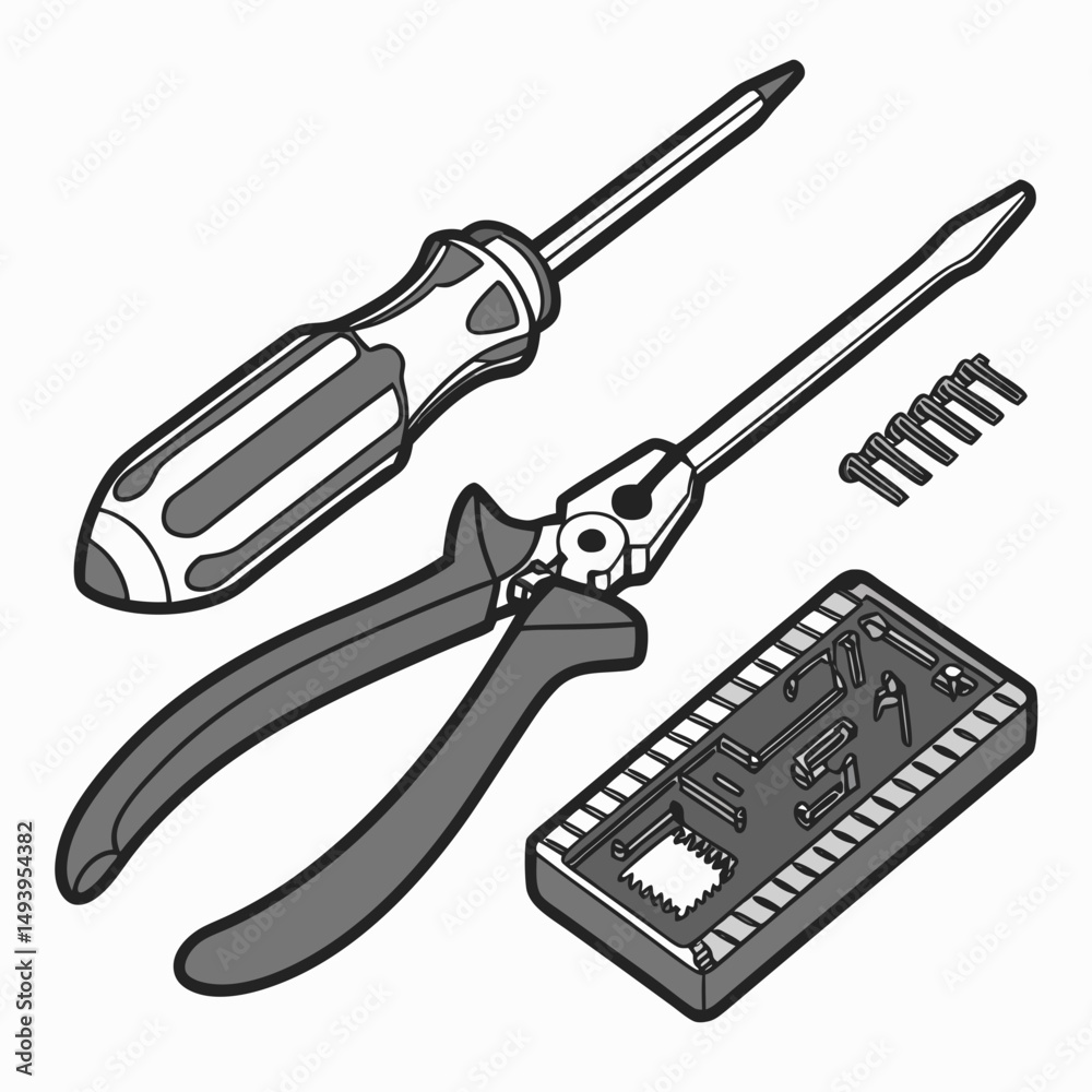 Obraz premium Essential tools kit screwdriver pliers screws repair