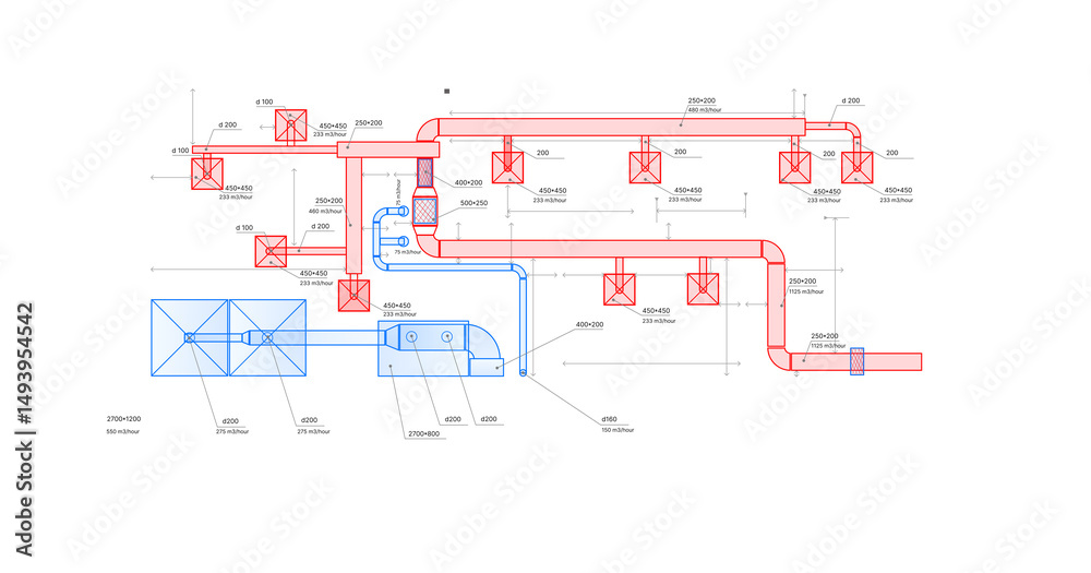 Fototapeta premium HVAC ventilation system diagram with air ducts, airflow rates, and equipment layout for a large room installation. – HVAC Design. Engineering. Architecture.