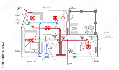 Compact HVAC system plan showing air duct layout, indoor units, and ventilation flow for residential building. – HVAC Design. Architecture. Residential Construction.