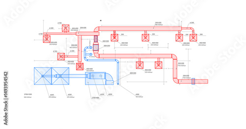 HVAC ventilation system diagram with air ducts, airflow rates, and equipment layout for a large room installation. – HVAC Design. Engineering. Architecture.