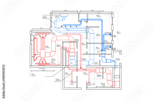 Complex HVAC system layout showing duct routing, airflow direction, and equipment positioning for multi-room ventilation. – HVAC Design. Engineering. Architecture.