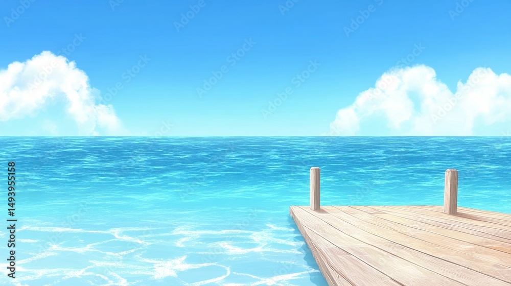 Fototapeta premium Wooden dock extends over tranquil blue ocean, sunny sky.
