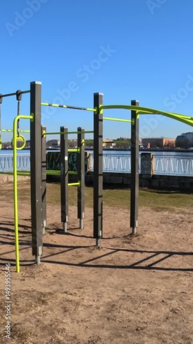 Panorama Kipsala Riga: Outdoor Workout Park with City and Water View photo