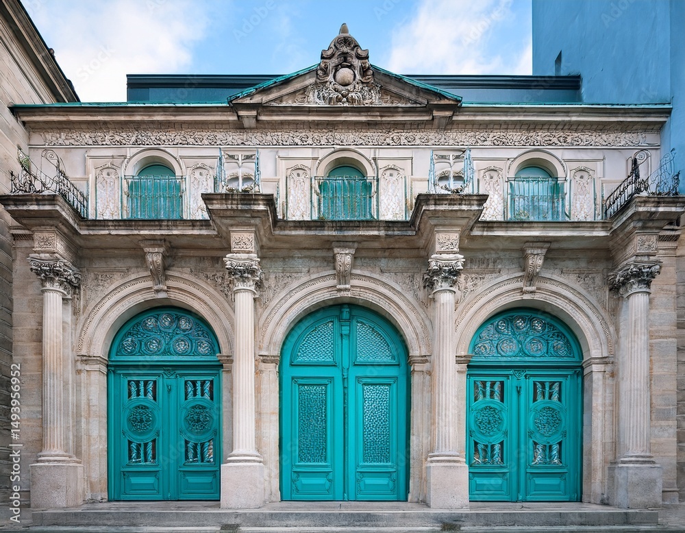 Obraz premium photo majestic building with ornate turquoise doors and stone facade