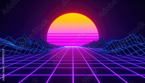 Sunrise in futuristic glowing 3D wireframe style 80's