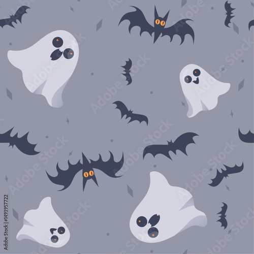 Halloween vector seamless pattern with bat, ghost characters. Holiday vector illustration