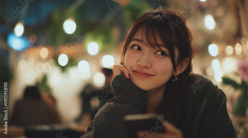 夜のカフェでスマートフォンを片手に微笑む、パーカー姿の女性。あどけなさと甘えた雰囲気が、マッチングアプリの“癒し系”イメージにぴったりです。