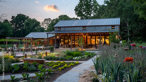 Evening view of a restaurant with outdoor seating and a garden in the foreground at dusk time