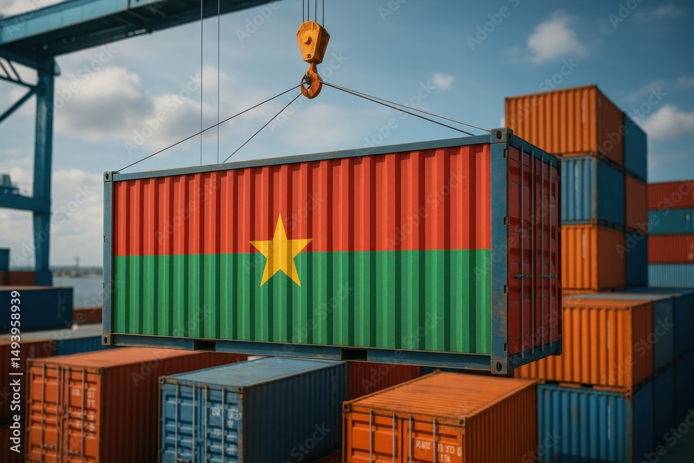 Fototapeta premium Burkina Faso flag on container lifted at terminal. Shipping container painted with Burkina Faso’s red, green, and yellow flag being hoisted by crane at a port. Great for African trade, export, and in 