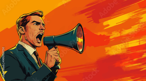 The image depicts a pop art male face in a closeup, screaming with his mouth open while holding a megaphone and having an empty speech bubble