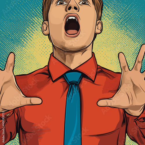 A pop art illustration of a man with a shocked expression, open mouth, and raised hands, is shown screaming an announcement on a modern retro-style background suitable for advertisements, sales, and