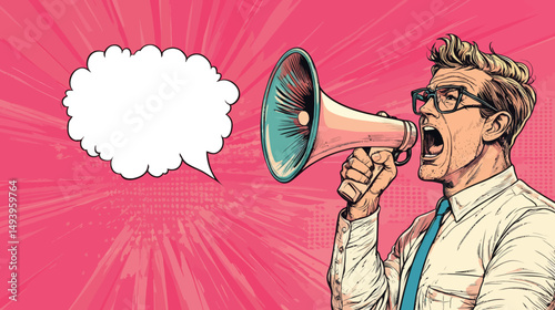 The image depicts a man using a megaphone to shout out a message in a comic art style