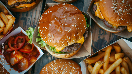 Overhead view of burgers fries and a dish with red sauce arranged on a wooden surface for a meal