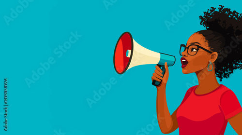 The image depicts a woman using a megaphone to express her ideas and thoughts, all on a bright blue background