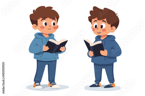 The little boy has a book clutched in both hands, is opening the cover, and is reading aloud