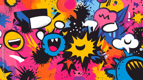 An energetic explosion of hand drawn doodles features vibrant comic bursts and playful thought bubbles