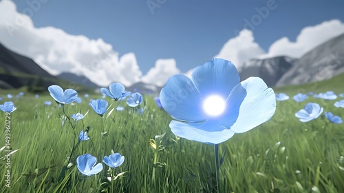 Stunning Blue Flowers Meadow Landscape Mountain Background