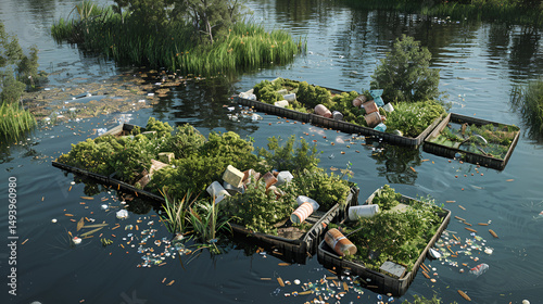 Aerial view of floating platforms with vegetation and trash in a polluted body of water landscape