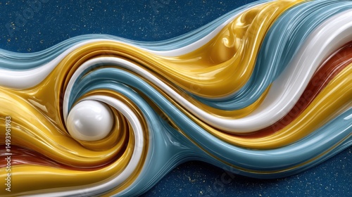 Abstract colorful swirling marble design with glossy finish and gold accents on dark background