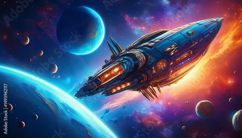 Wallpaper Mural spaceship navigating through a vibrant galaxy filled with stars and planets near a distant blue planet Torontodigital.ca