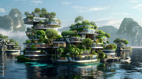 Futuristic eco friendly floating city with lush greenery and modern architecture on a tranquil lake