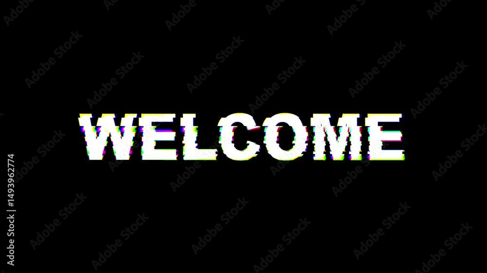 Bold welcome text animation with RGB glitch effect on black background seamless loop motion graphic. Welcome text animation video, glitch text effect animation 'welcome' on black backdrop, 