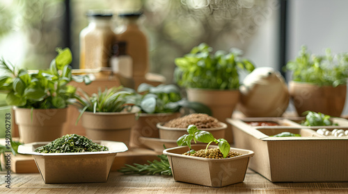 A variety of potted herbs and spices displayed on a wooden surface in natural light setting indoors