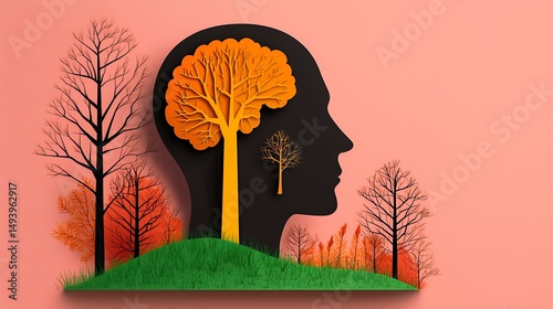 Autumnal Tree Growing Inside Head Silhouette Pixel Art Illustration