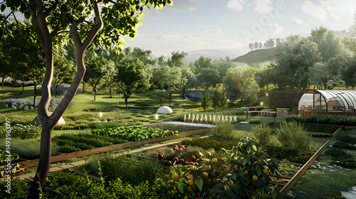 A lush garden with raised beds, a greenhouse, and trees under a bright sky in a peaceful landscape