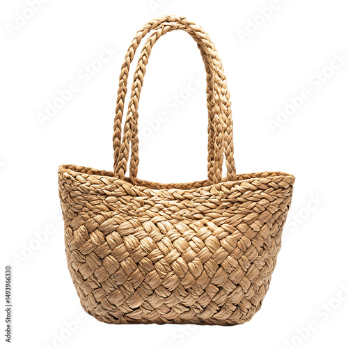 Bohemian Straw Tote Bag with Free-Spirited Woven Ac Isolated on Transparent Background