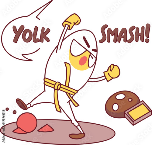 Yolk Smash!: A playful and dynamic illustration showcasing a cartoon egg character in a martial arts pose, exuding energy and motion.