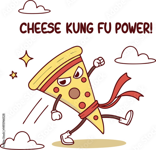 "Cheese Kung Fu Power": An expressive pizza slice with a martial arts flair leaps into action, embodying cheesy confidence. This lively cartoon illustration infuses a burst of fun into the food theme.