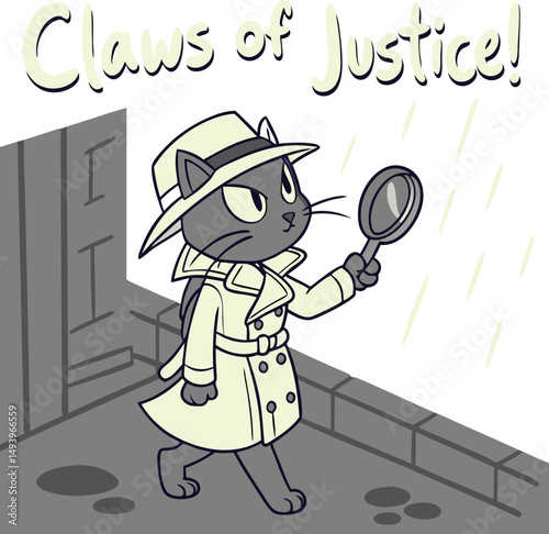 Detective Cat: An illustration of a cat detective on a city street, holding a magnifying glass, rain falls gently creating a noir atmosphere. 
