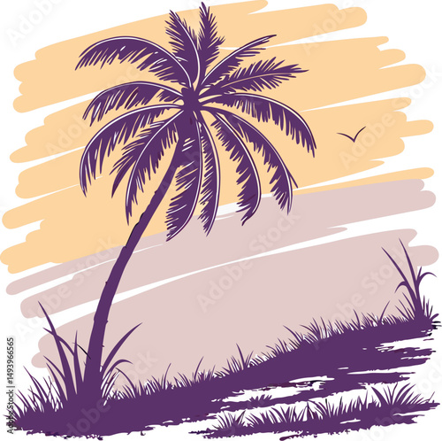 Palm Silhouette at Sunset: A captivating silhouette of a solitary palm tree against a backdrop of a vibrant sunset and sketched foliage, exuding the allure of tranquility and travel.