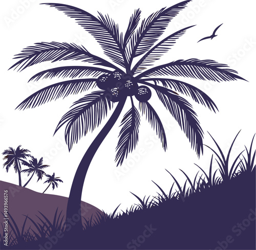 Tropical Silhouette: A stylized silhouette of a coconut palm tree with ripe coconuts against a sunset sky, creating a serene and idyllic tropical scene. 