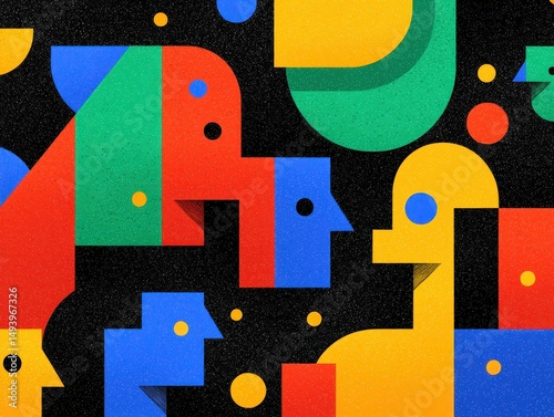 Vibrant abstract geometric faces in red, blue, yellow, and green on a black speckled background.