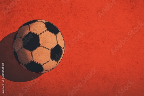 A classic black and white soccer ball sits on a textured red surface, casting a shadow to the left.