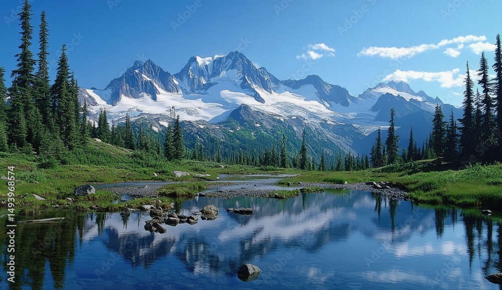 Majestic mountain range reflecting in a serene alpine lake. Lush green forest surrounds a tranquil alpine tarn, with snow-capped peaks in the backdrop Majestic mountain range reflecting in a serene alpine lake. Lush green forest surrounds a tranquil alpine tarn, with snow-capped peaks in the backdrop
