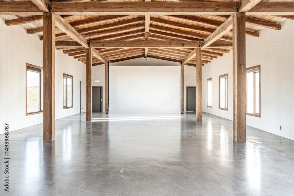 Spacious, minimalist event venue with exposed wooden beams and polished concrete floors Spacious, minimalist event venue with exposed wooden beams and polished concrete floors