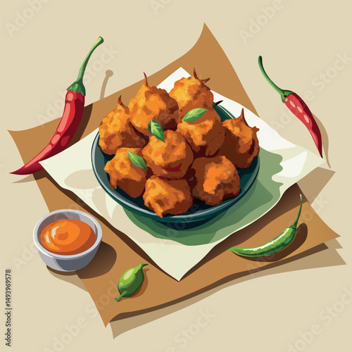 Spicy Indian snack served in a bowl with chili peppers and dipping sauce on a neutral background Generative AI