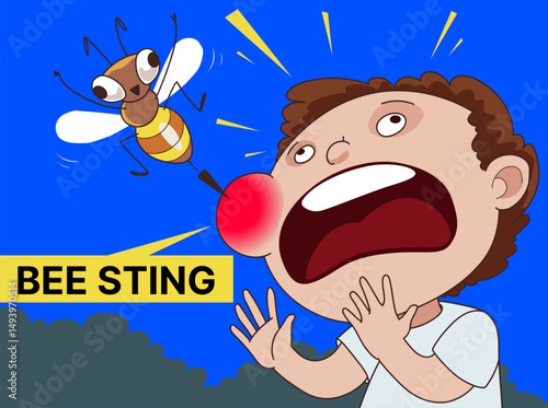 Bee sting. Crying kid. Healthcare illustration. Vector illustration.