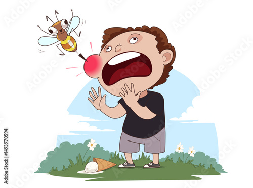 Bee sting. Crying kid. Healthcare illustration. Vector illustration.