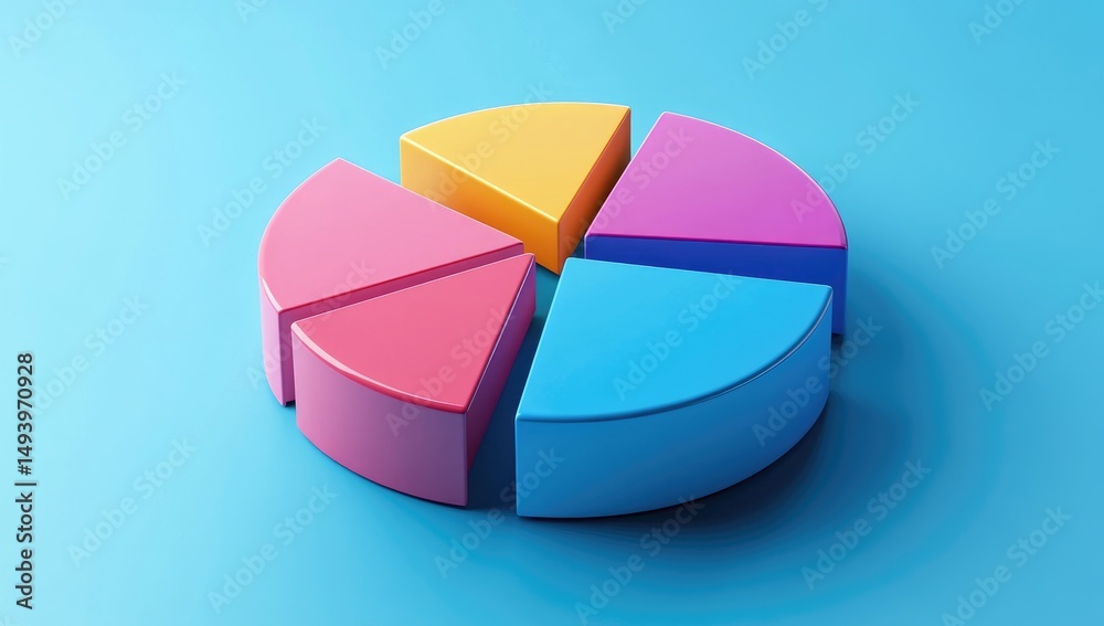Colorful 3D pie chart with five sections on blue background Colorful 3D pie chart with five sections on blue background