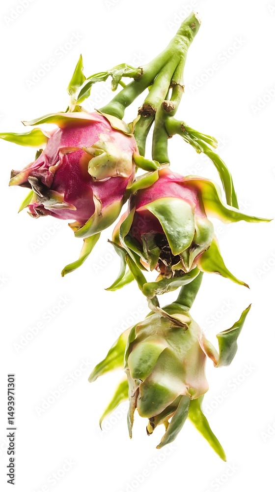 Fototapeta premium Freshly harvested dragon fruit with green stems against a clean white background high resolution photo