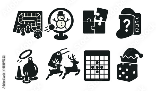 Christmas games silhouette icons set. holiday play, winter activity symbols