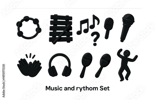 Music and rhythm silhouette icons set. sound and melody design elements