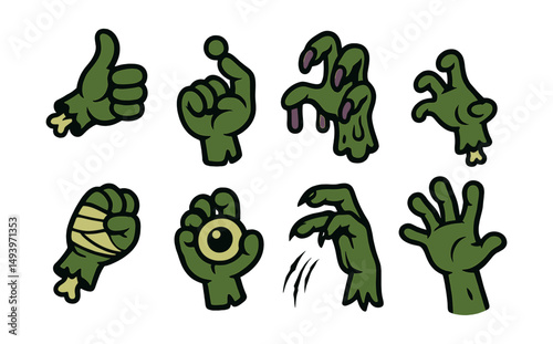 Zombie hand flat icons set. undead gestures and halloween-themed symbols