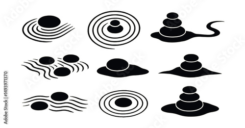 Zen and meditation silhouette icons set. mindfulness and relaxation symbols