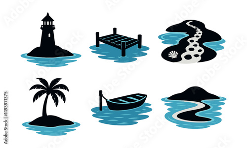 Coastal and beach silhouette icons set. ocean, shore, and seaside graphics