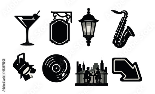 Music and nightlife silhouette icons set. concert and party theme designs